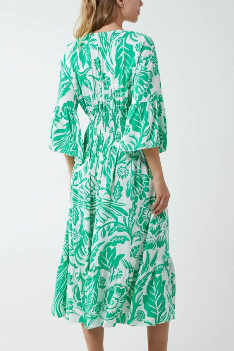 Oversized V Neck Detailed Floral Print Midi Dress in Green and White