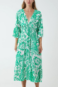 Oversized V Neck Detailed Floral Print Midi Dress in Green and White