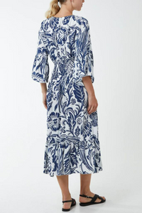 Oversized V Neck Detailed Floral Print Midi Dress in Navy and White