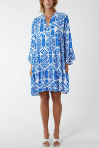 Oversized Long Sleeves Printed Smock Dress in Blue