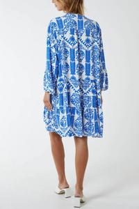 Oversized Long Sleeves Printed Smock Dress in Blue