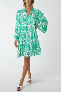 Oversized Long Sleeves Printed Smock Dress in Green