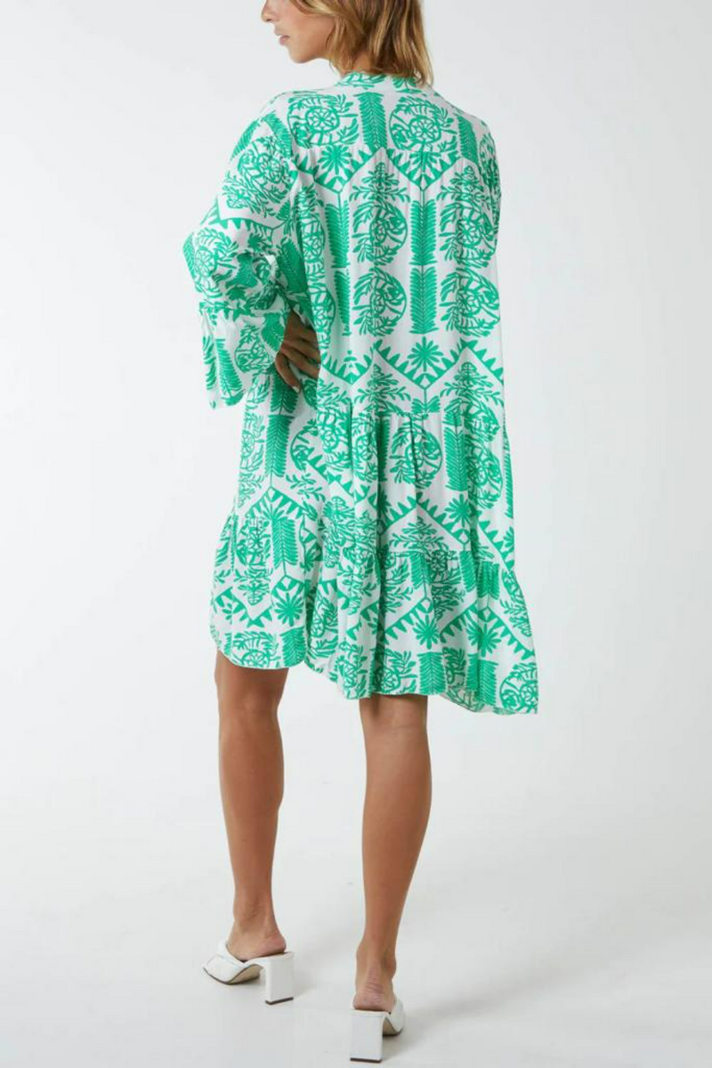 Oversized Long Sleeves Printed Smock Dress in Green