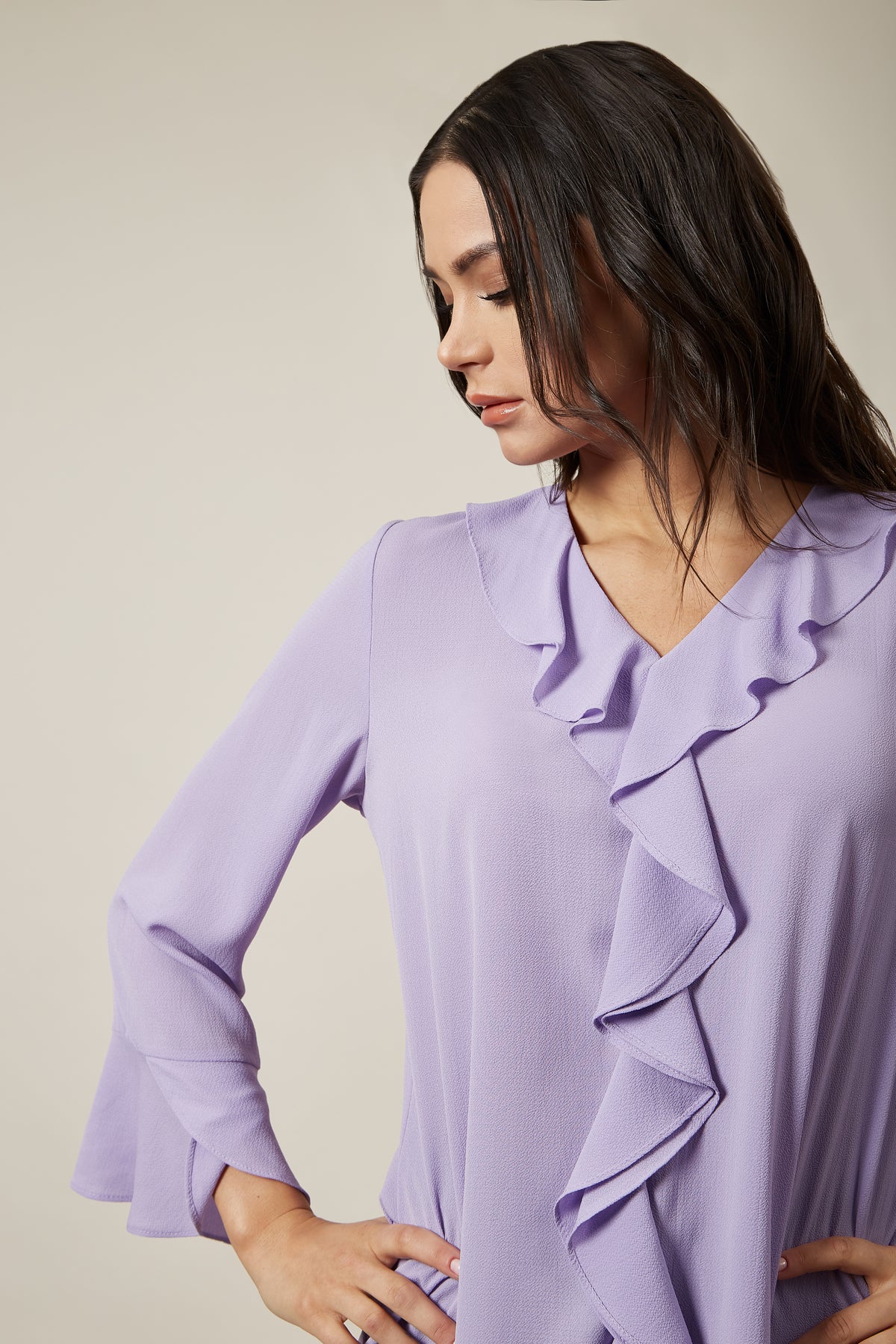 Oversized Top With Frilled Front In Lilac