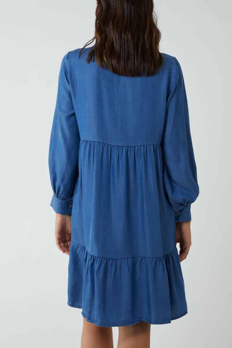 Oversized Tie Detailed Knee Lenght Cotton Denim Smock Dress with Long Sleeves