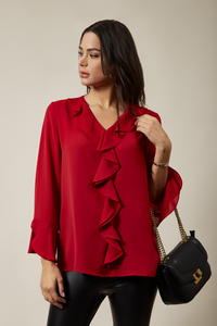 Oversized Top With Frilled Front In Burgundy
