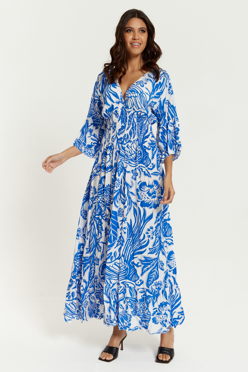 Oversized V Neck Detailed Floral Print Maxi Dress in Blue and White