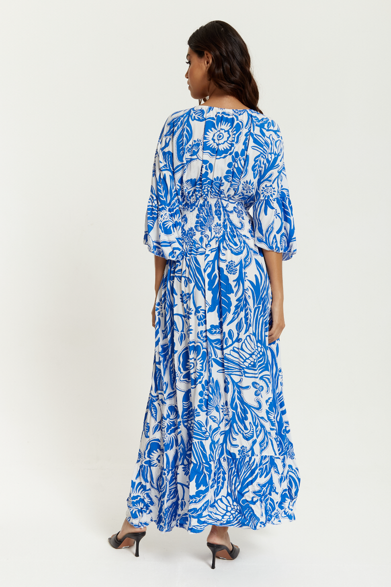 Oversized V Neck Detailed Floral Print Maxi Dress in Blue and White