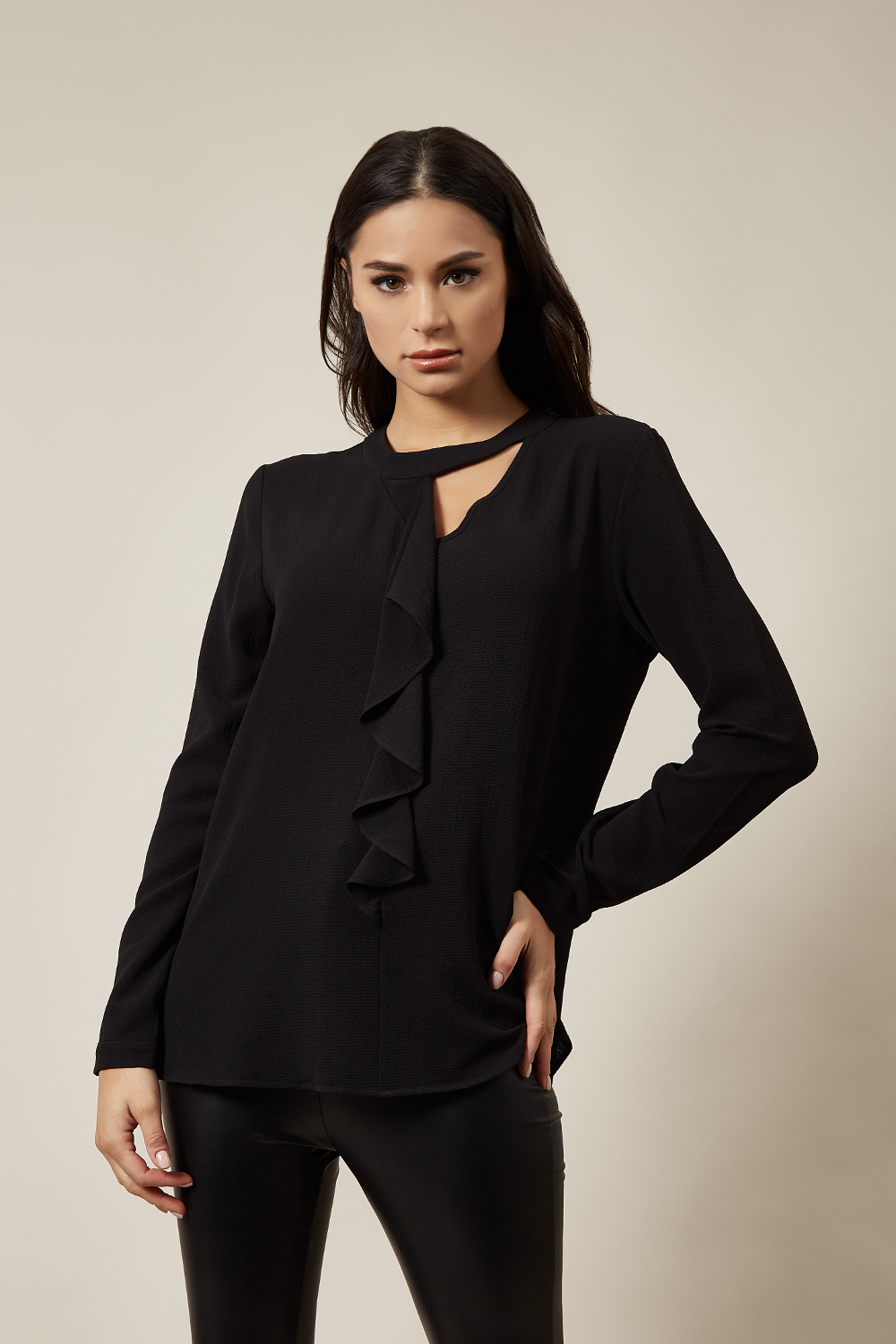 Ladies black ruffle blouse sales