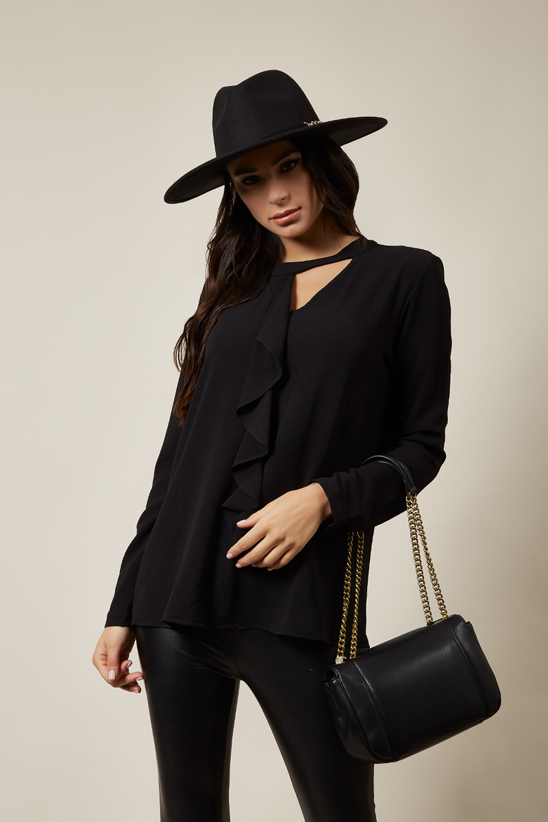 Oversized Top Ruffle Front Relaxed Fit Blouse In Black