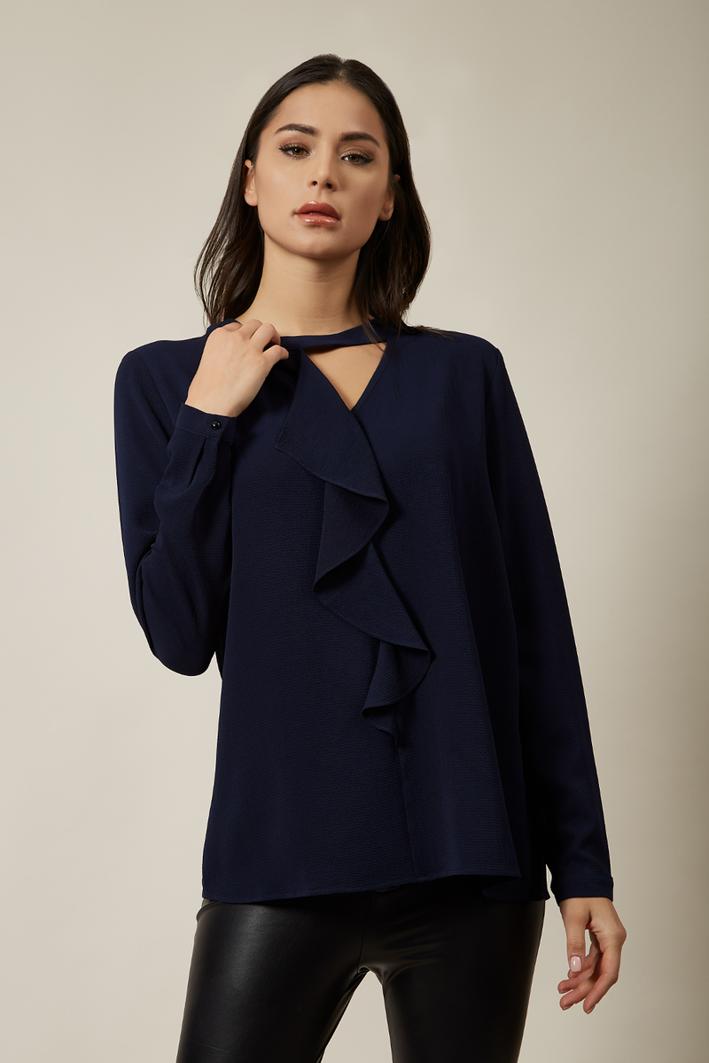 Oversized Top Ruffle Front Relaxed Fit Blouse In Navy