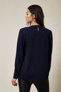Oversized Top Ruffle Front Relaxed Fit Blouse In Navy