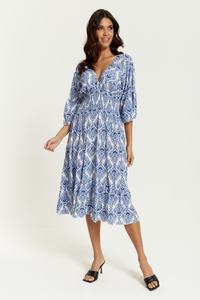 Oversized V Neck Detailed Printed Midi Dress in Blue and White
