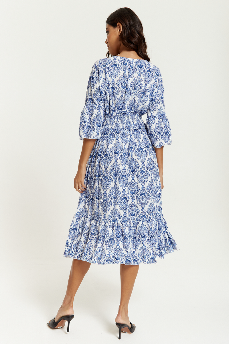 Oversized V Neck Detailed Printed Midi Dress in Blue and White