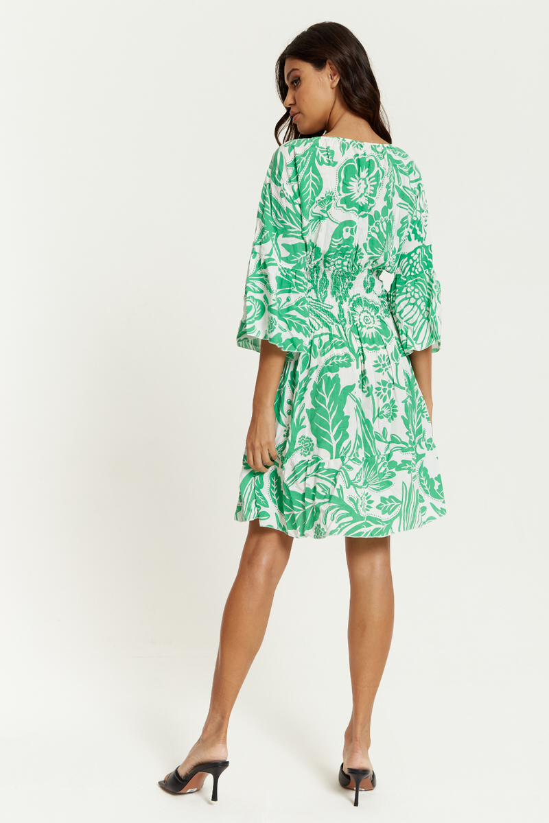 Oversized V Neck Detailed Floral Print Mini Dress in Green and White