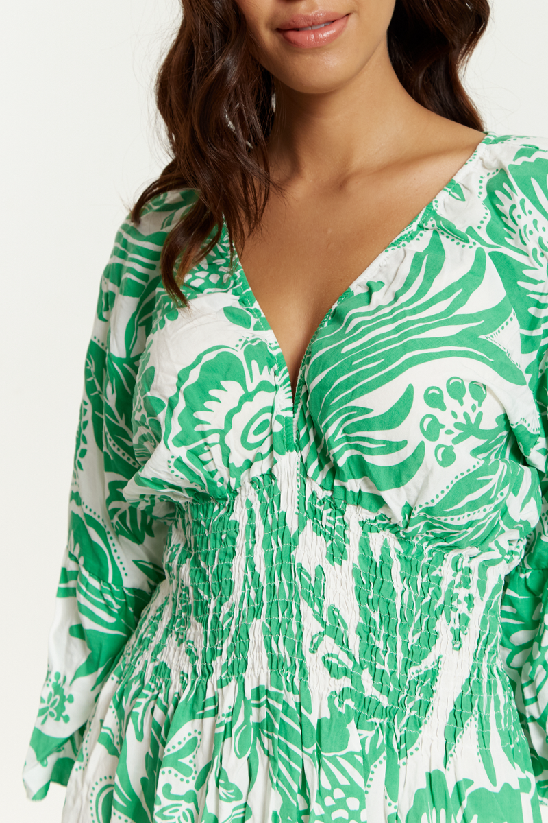 Oversized V Neck Detailed Floral Print Mini Dress in Green and White