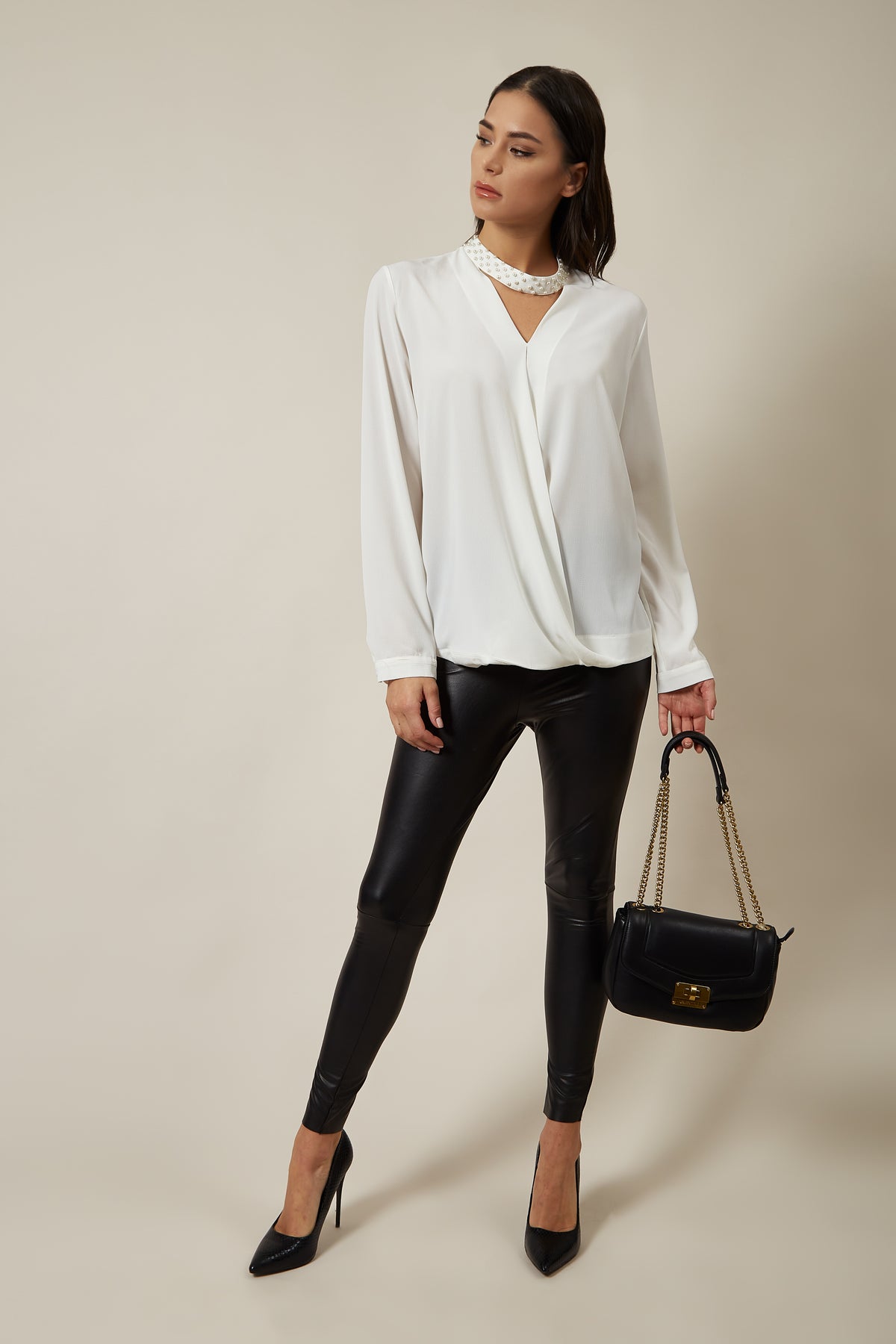 Long Sleeves Oversized Top with Pearl Detail Collar In White