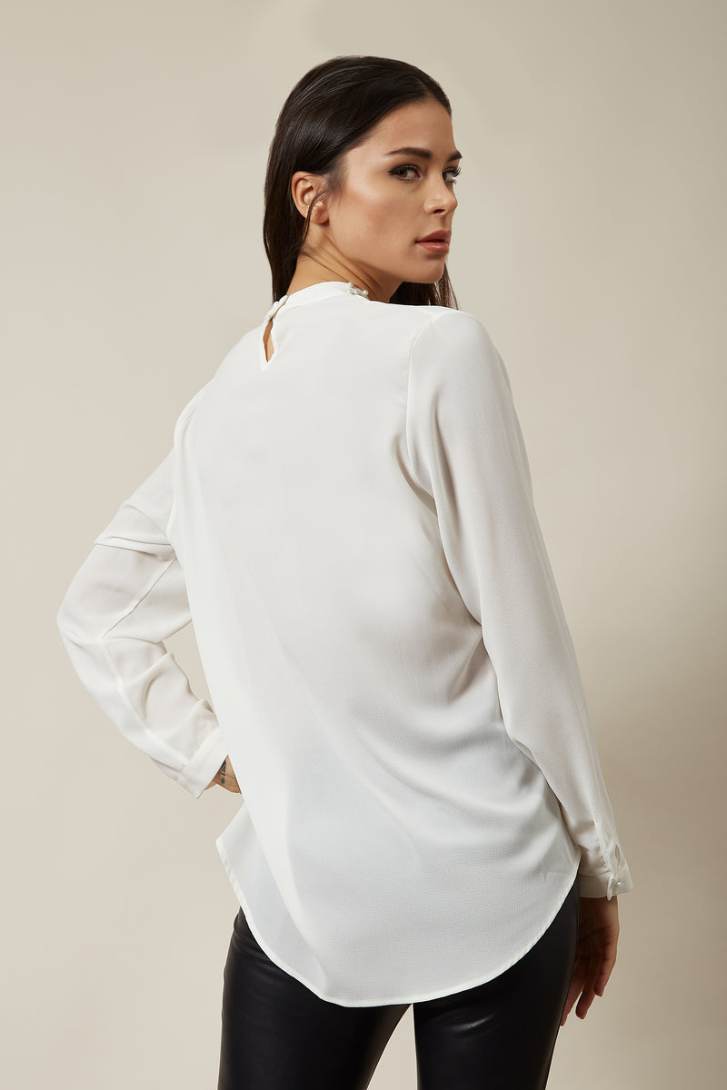 Long Sleeves Oversized Top with Pearl Detail Collar In White