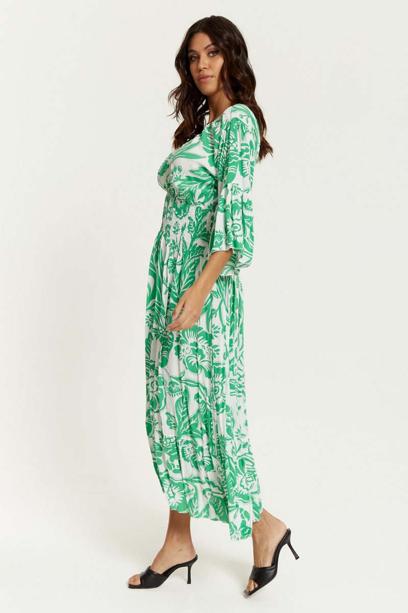 Oversized V Neck Detailed Floral Print Maxi Dress in Green and White