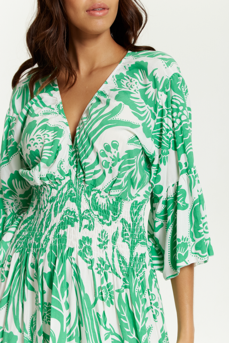 Oversized V Neck Detailed Floral Print Maxi Dress in Green and White