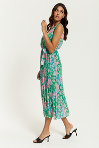 Wrap Front Multi Coloured Pink and Blue Leopard Print Maxi Dress with Pleat Details in Green