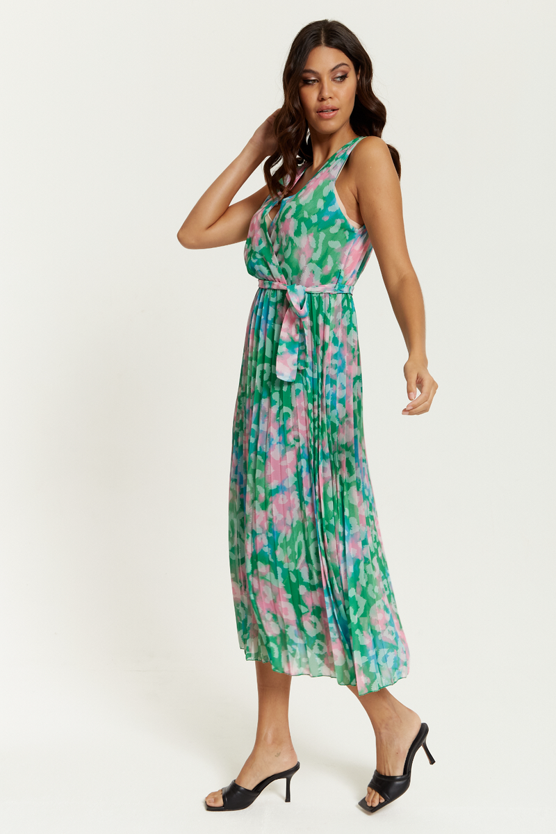 Wrap Front Multi Coloured Pink and Blue Leopard Print Maxi Dress with Pleat Details in Green