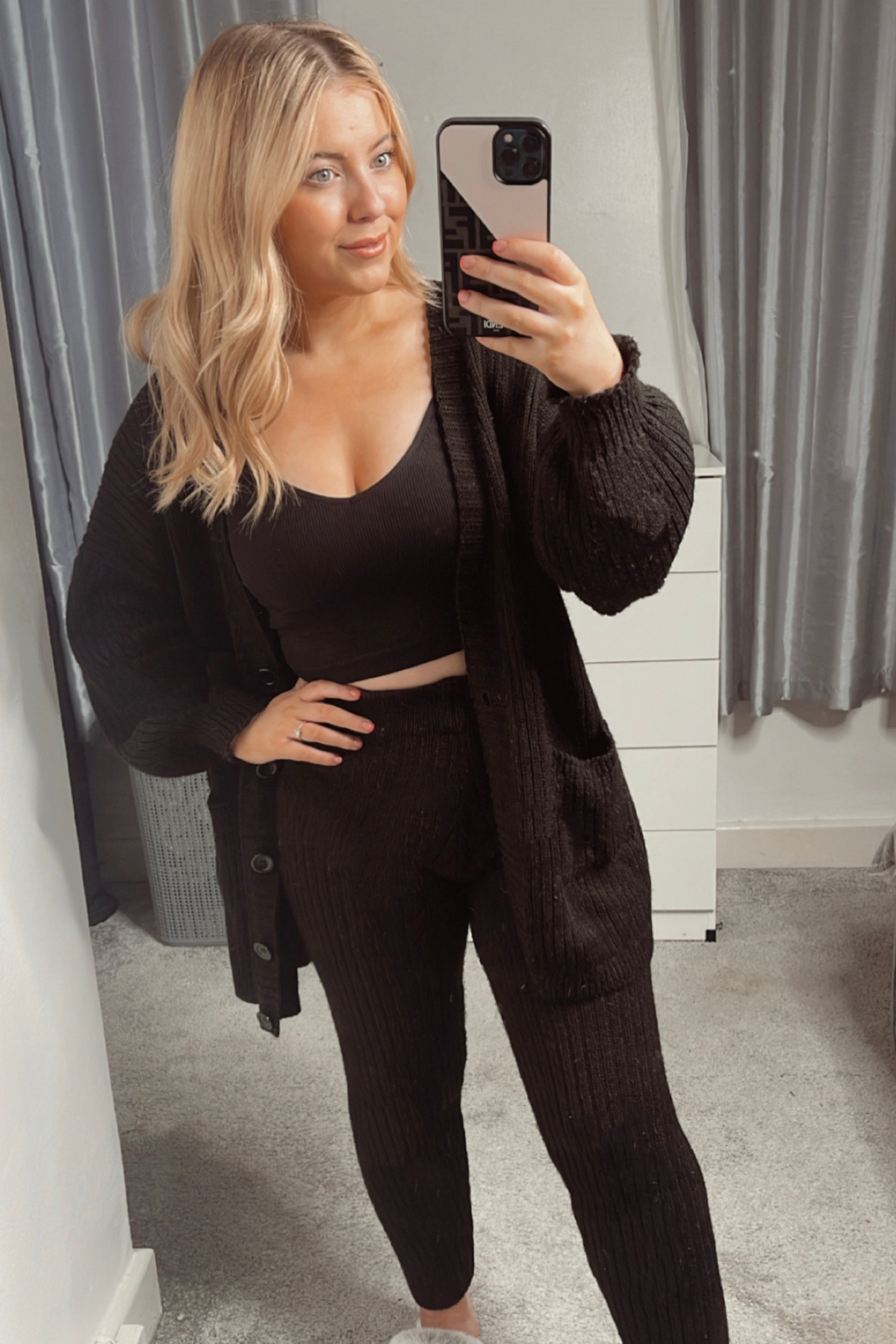 Knitwear Cardigan Top and Leggings Set in Black
