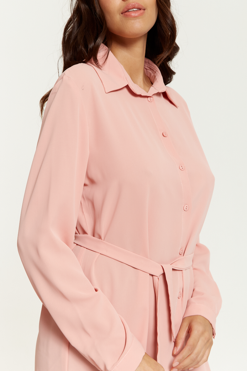 Oversized Belt Detailed Shirt Tunic with Long Sleeves in Pink