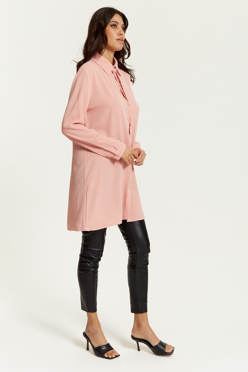 Oversized Tie Detailed Shirt Tunic with Long Sleeves in Pink