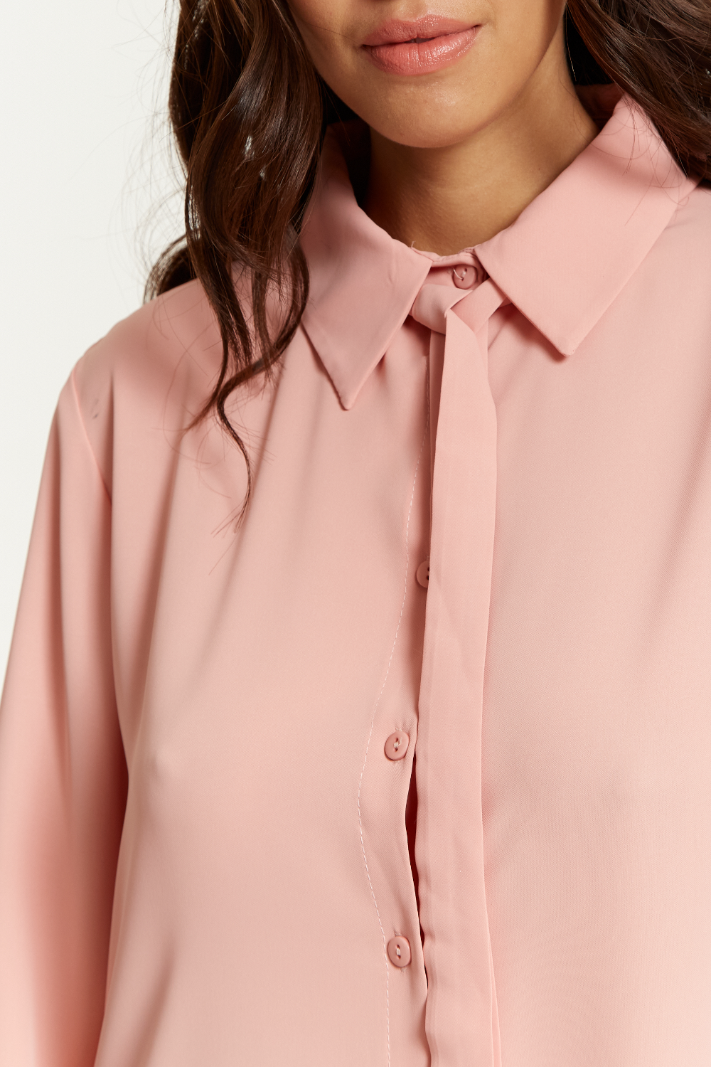 Oversized Tie Detailed Shirt Tunic with Long Sleeves in Pink