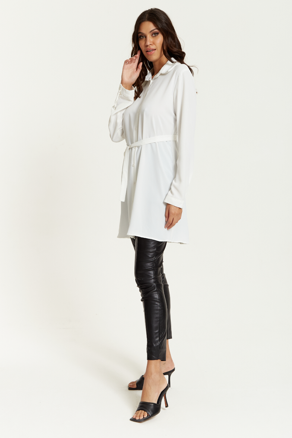 Oversized Belt Detailed Shirt Tunic with Long Sleeves in White