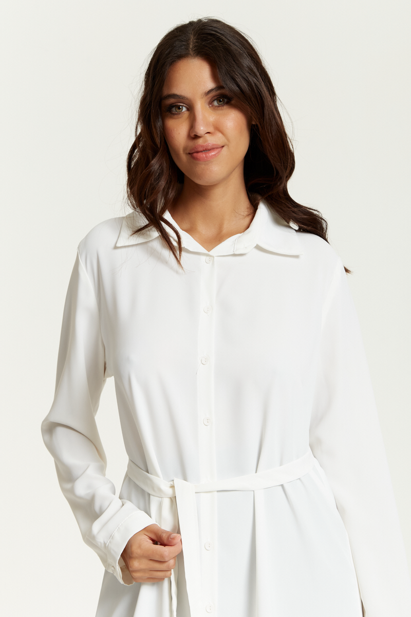 Oversized Belt Detailed Shirt Tunic with Long Sleeves in White