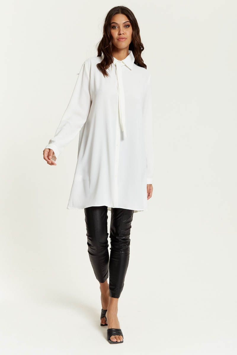 Oversized Tie Detailed Shirt Tunic with Long Sleeves in White