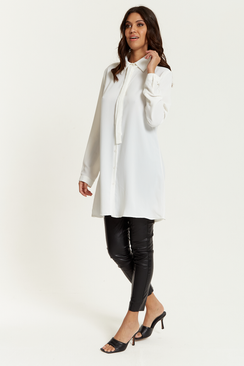 Oversized Tie Detailed Shirt Tunic with Long Sleeves in White