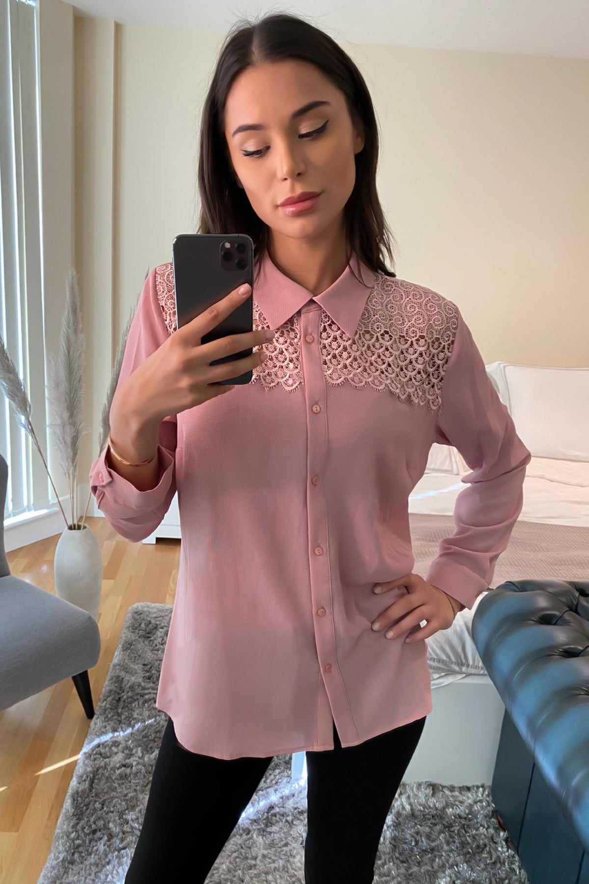 Oversized Shirt with Lace Detail in Pink