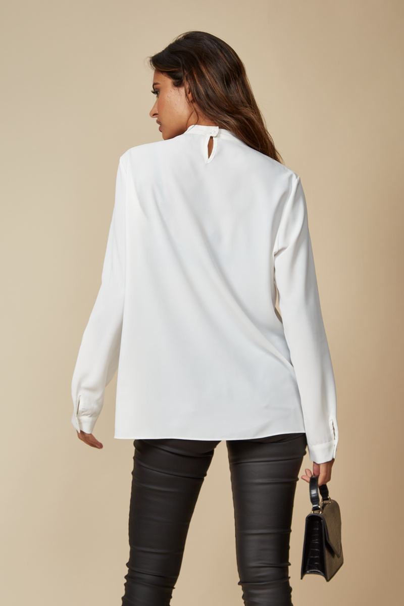 Oversized High Neck Top with Brooch Details in White