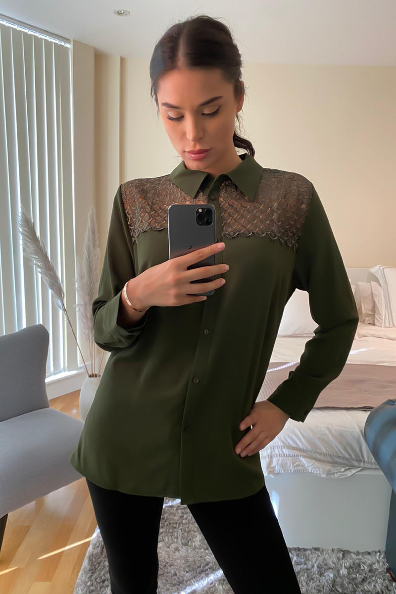 Oversized Shirt with Lace Detail in Green