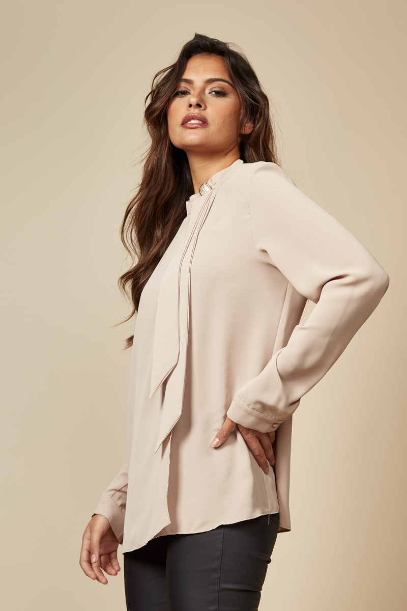 Oversized High Neck Top with Brooch Details in Beige
