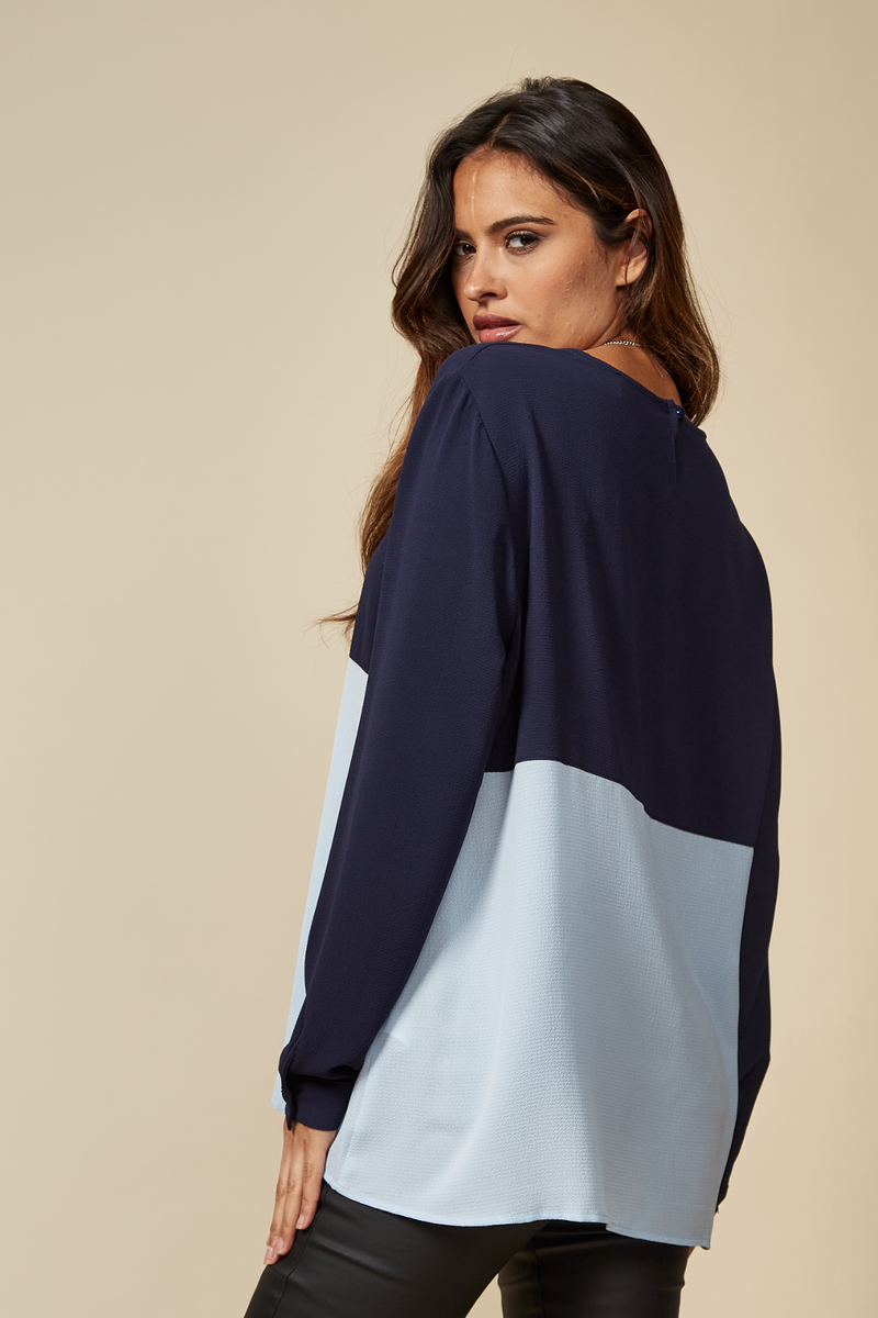 Colour Block Blouse in Navy and Blue