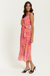 Wrap Front Multi Coloured Lilac and Orange Leopard Print Maxi Dress with Pleat Details in Pink