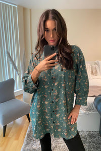 Oversized Long Sleeve Relaxed Pleated Fit Shirt in Floral Print