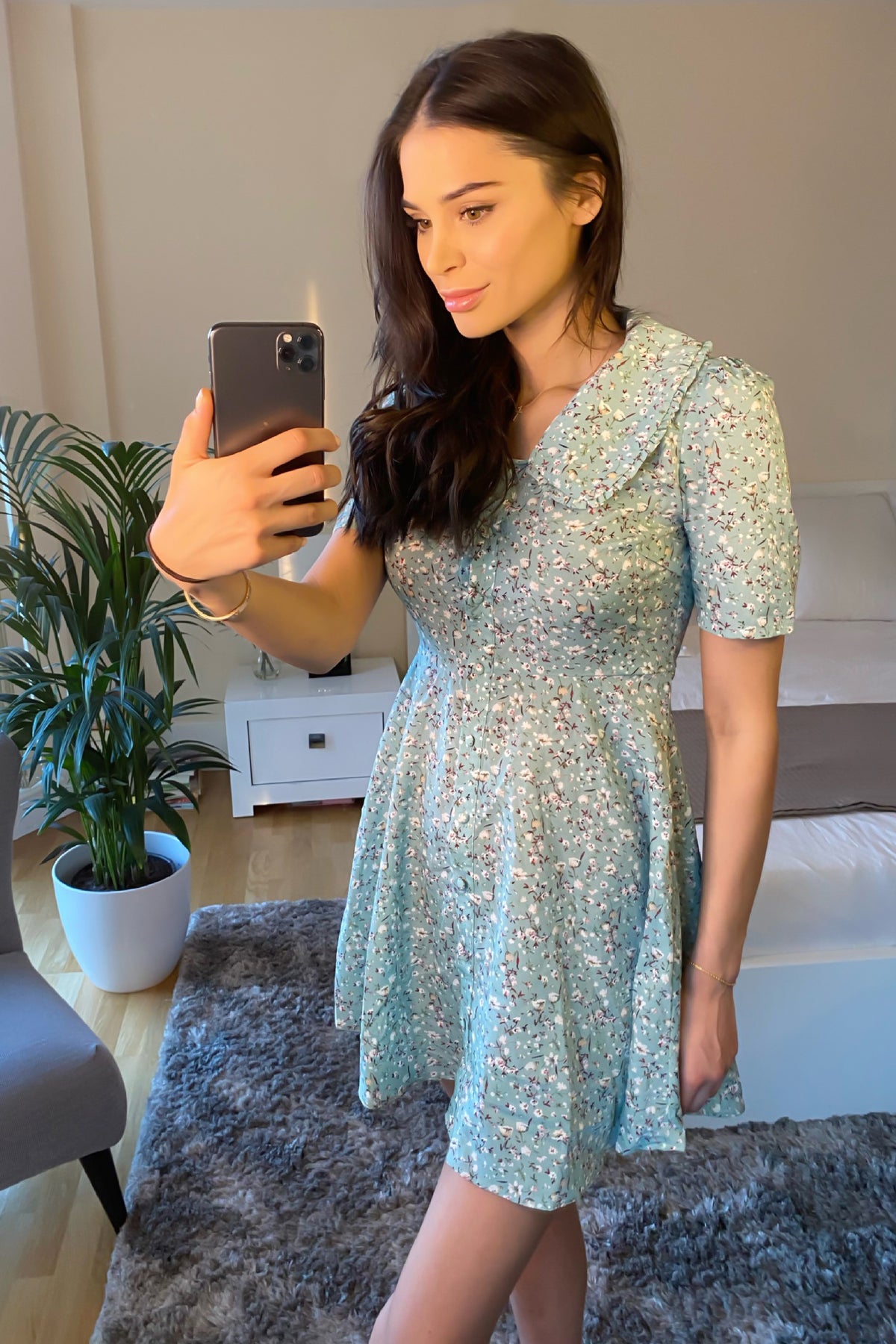 Blue Peter Pan Collar Mini Dress with Floral Print