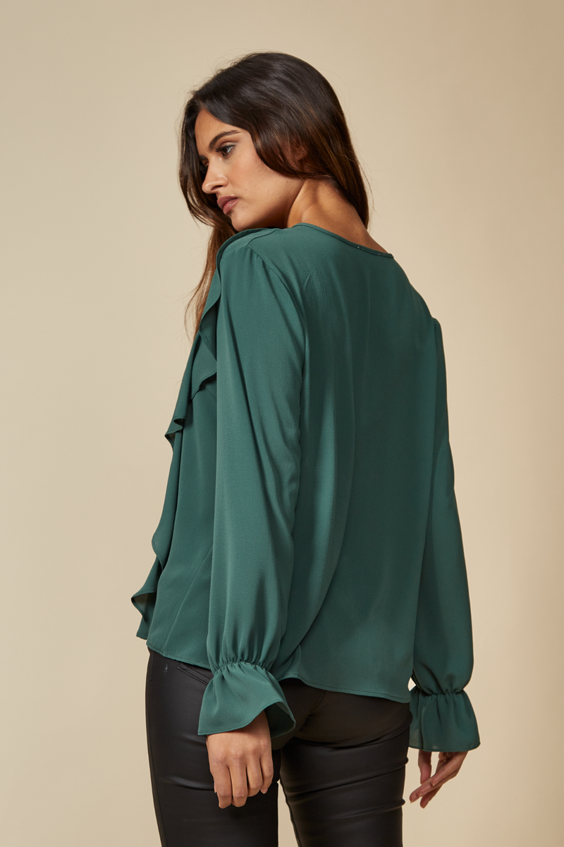 Oversized V Neck Top Ruffle Front Details in Green