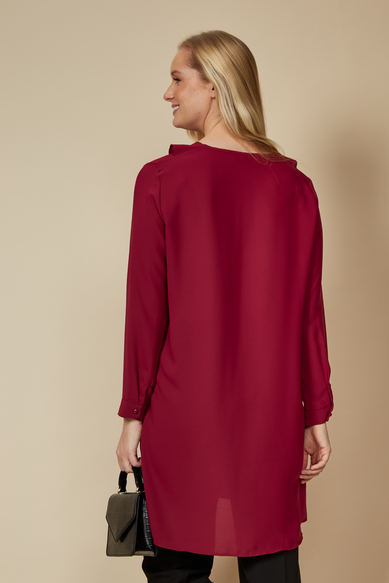 Oversized Tunic with Frill Details in Burgundy