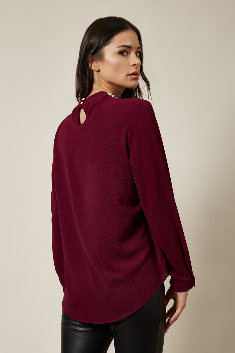 Long Sleeves Oversized Top with Pearl Detail Collar In Burgundy