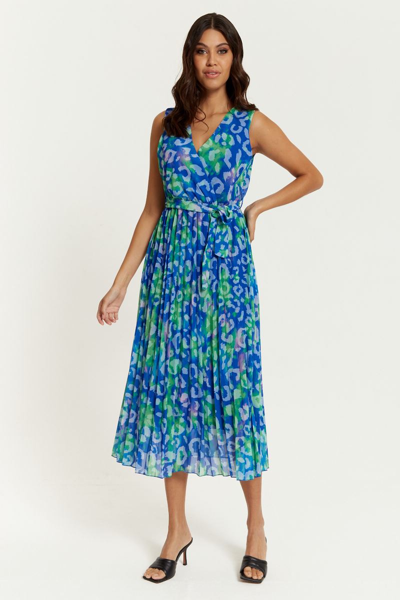 Wrap Front Multi Coloured Green Leopard Print Maxi Dress with Pleat Details in Blue