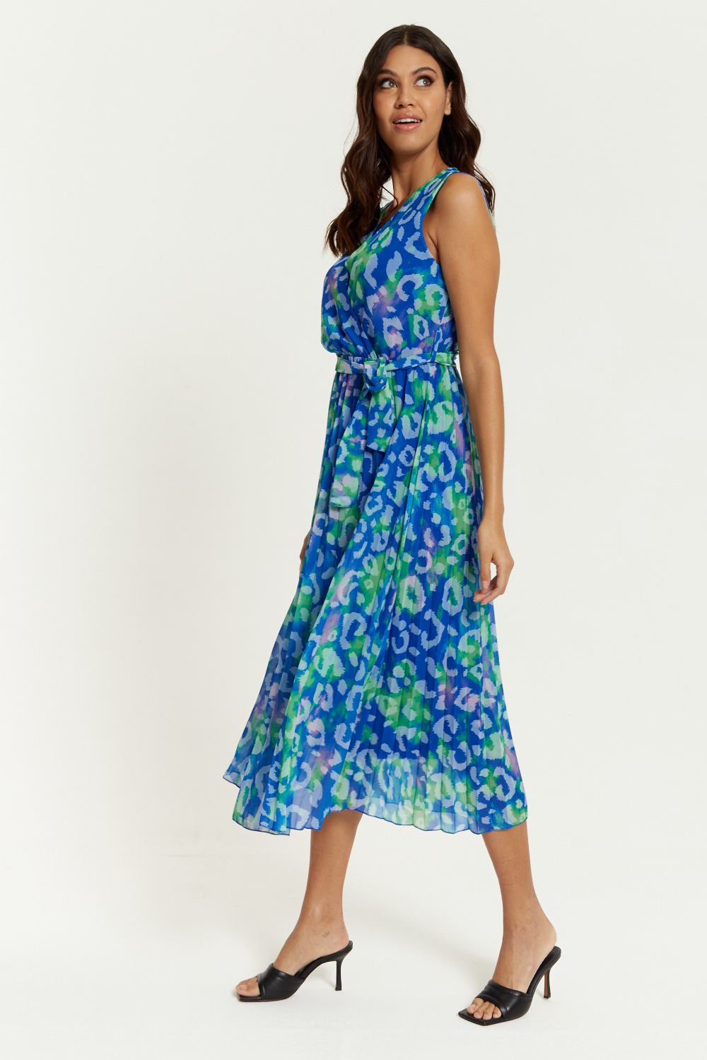 Wrap Front Multi Coloured Green Leopard Print Maxi Dress with Pleat Details in Blue