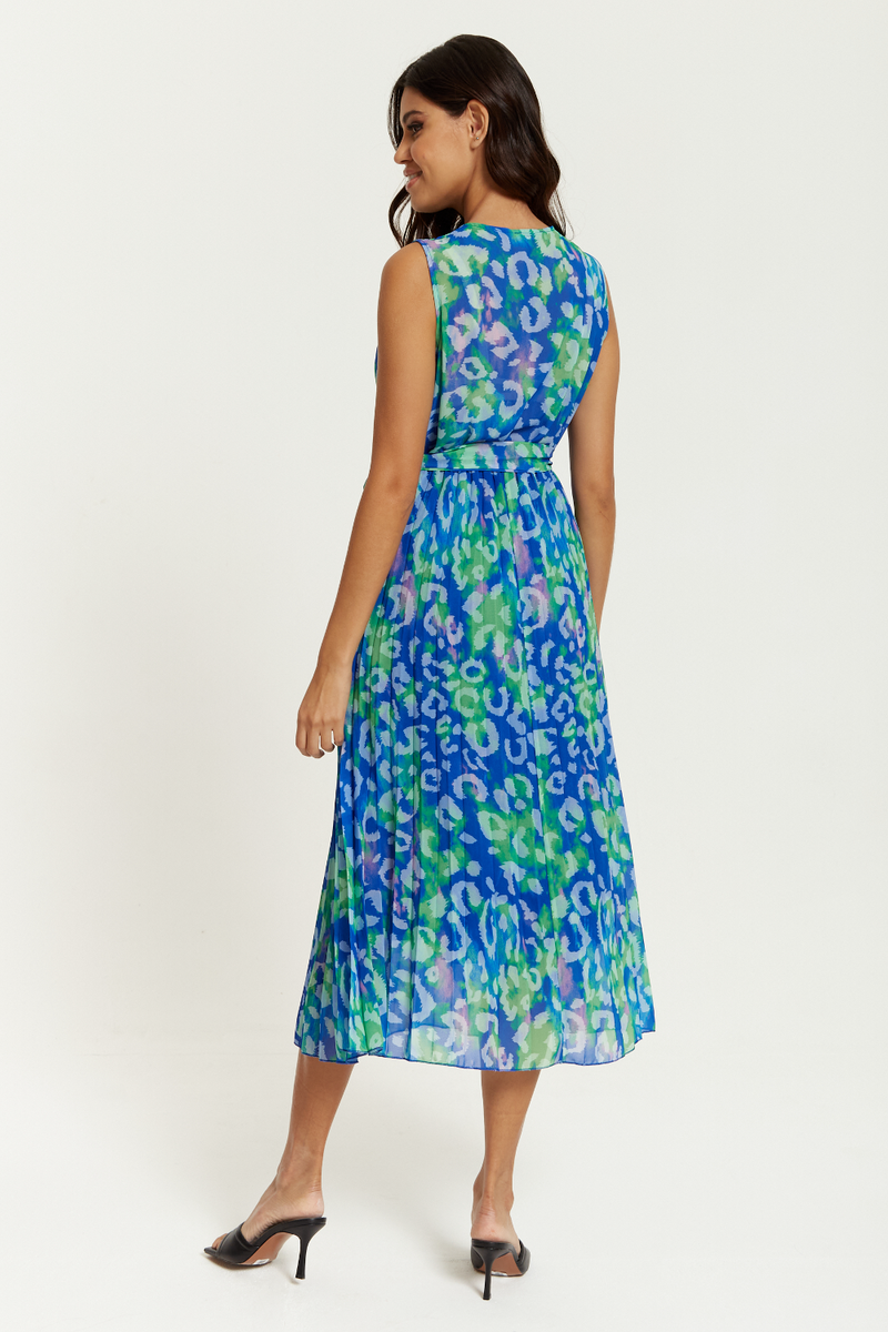Wrap Front Multi Coloured Green Leopard Print Maxi Dress with Pleat Details in Blue