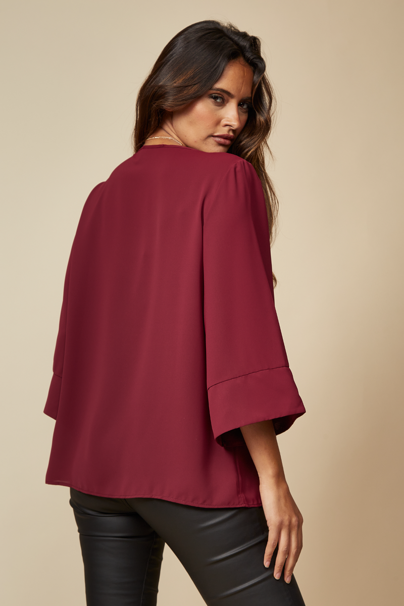 Layered Top With 3/4 Sleeves in Burgundy with Necklace
