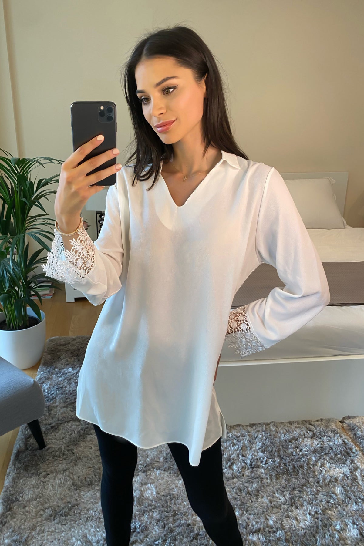 White Oversized Top with Lace Detail
